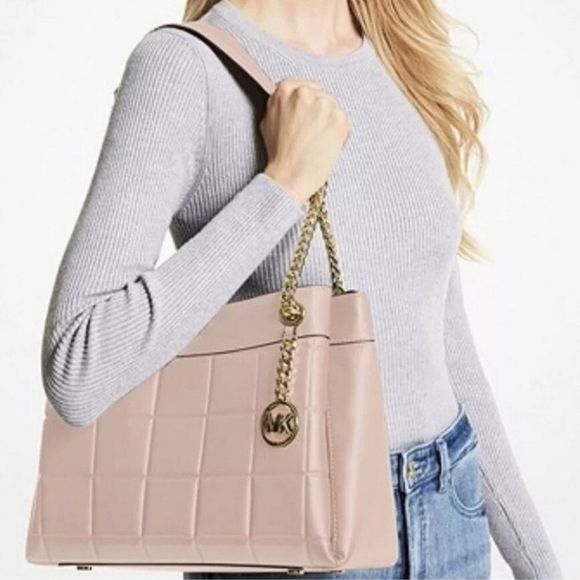 Michael Kors Susan Pink Medium Quilted Leather Satchel Handbag - Picture 1 of 8
